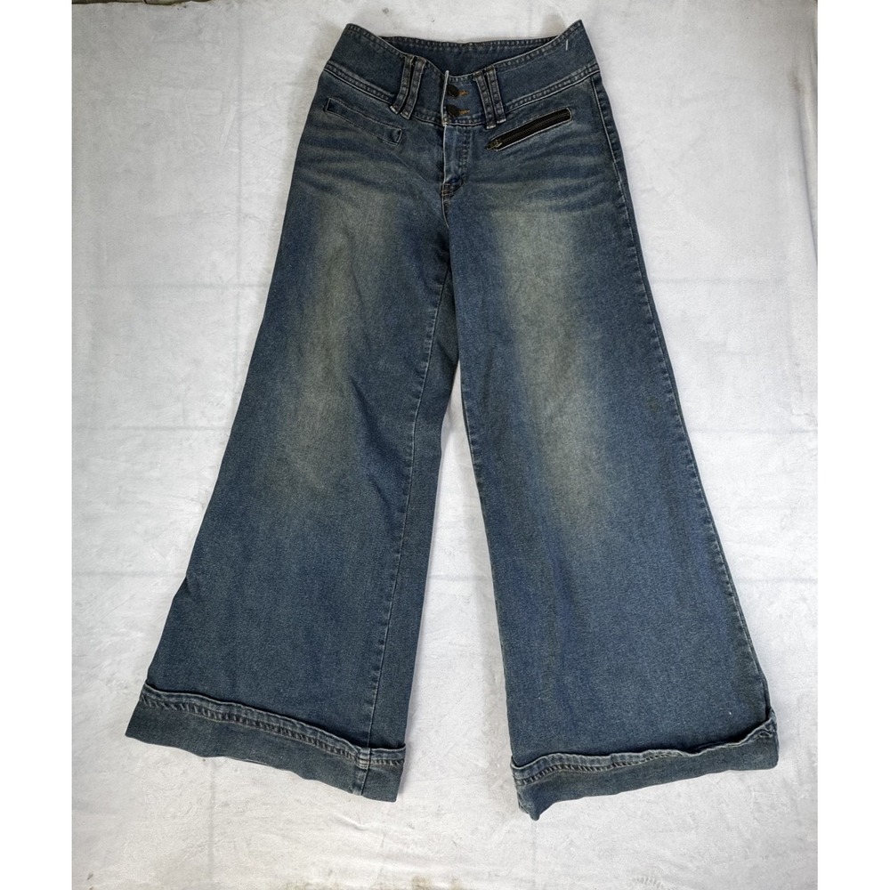 Vintage Womens Flared Baggy Jeans Blue Denim Whisker‎ Retro Back Flap Pockets